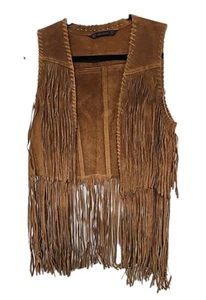 Zara Basic Sz M Tan Suede Fringe Vest Boho Western Festival Hippie Rodeo Retro - Picture 1 of 15