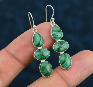 Malachit Ohrringe 925 Sterling Silber Handarbeit Hänger facettiert Edelstein Schmuck - Bild 1 von 8