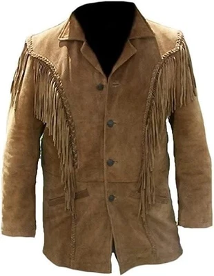 Brown Western Suede Leather Mens Native American Cowboy Fringe Jacket Tassels - Image 1 of 4