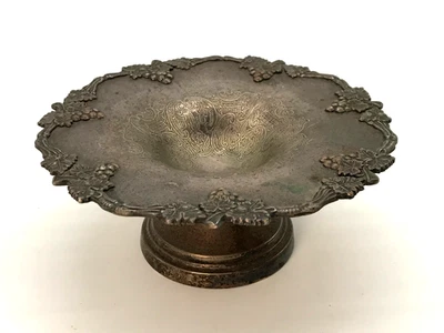 Sheffield Reproduction Pedestal Bowl Silver Plate Glass Insert Grape Repousse - Image 1 of 4