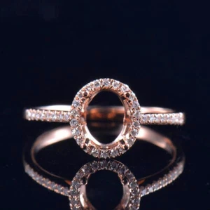 Oval Cut 8x6MM Natural Diamond Solitaire Halo Ring Setting Solid 14K Rose Gold - Picture 1 of 9