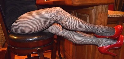 2 Pair LOT NEW Semi Sweet Multi Pattern Lace Striped Pantyhose One Size Black  - Image 1 of 4