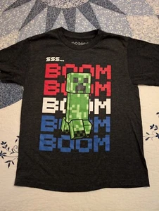 Minecraft Boys Gray Green Creeper White Blue BOOM Short Sleeve Shirt Sz Small 8 - Picture 1 of 4