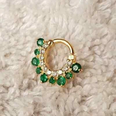 Prendedor nariz tabique mujer 1,50 quilates corte redondo simulado esmeralda acabado oro amarillo 14k Foto 1 de 4