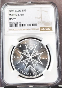 2024 MALTA SILVER 5 EURO S5E MALTESE CROSS NGC MS 70 RARE PERFECT - Picture 1 of 3