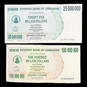 Zimbabwe 25, 100 Million Dollar Bearer Cheque Bill Banknote Money - Pre Agro - Picture 1 of 7