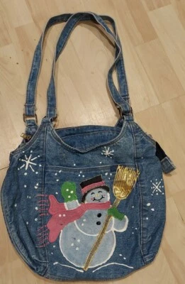 Ladies Hand Decorated Jean purse hand bag 12.5" x 13" Snowman Christmas  - Image 1 of 2