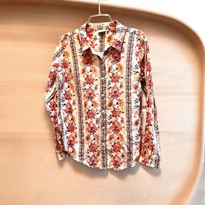Spartina 449 Womens Shirt Large 100% Linen Beige Clay Floral Long Sleeve Button - Picture 1 of 9