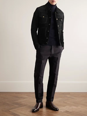 New Men's Sheepskin Suede 100% Black Leather Jacket Collared Coat Club wear - Image 1 of 4