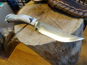 KEN RICHARDSON HAND MADE 11.25" STAG HANDLE KNIFE 1085HC STEEL BLADE LEA SHEATH - Picture 1 of 12