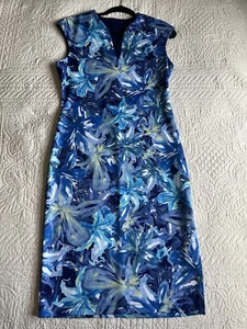 Connected Apparel Sheath Dress Size 10 Blue Floral Knee Length Scuba Cap Sleeves - Picture 1 of 8