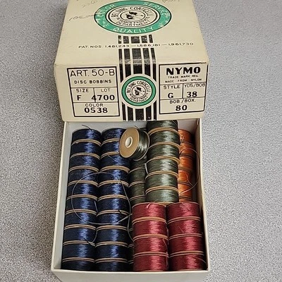 NYMO Nylon Thread Size F Bobbins Lot Of 50 Mixed Color In Box Red Orange Blue - Image 1 of 4