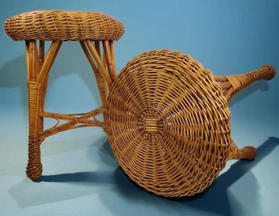 Bamboo Rattan Round Stool Pair 18" Franco Albini Lobster Pot Plant Stand  - Image 1 of 4