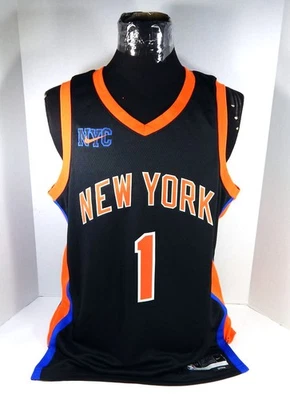 Camiseta deportiva para hombre 2022 New York Knicks Obi Toppin #1 negra City Swingman 52 Nike Foto 1 de 4