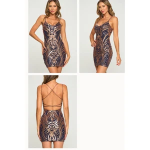 Akira Chicago Black Label Navy Blue Mini Dress Gold Sequins - Picture 1 of 10