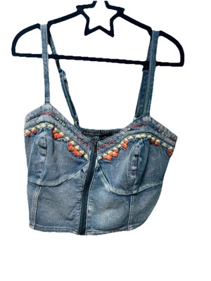 Хлопок экспресс джинсовой ткани вышитый укороченный Майка молнии женщин Sz L Y2K - Изображение 1 из 4