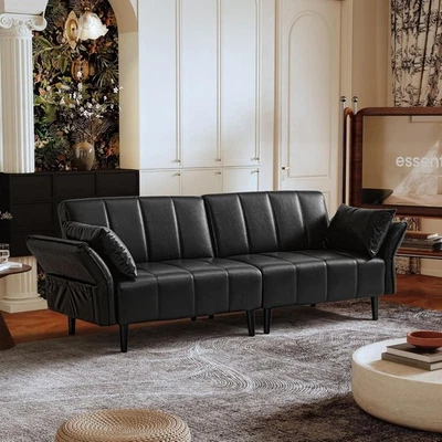 Convertible Sofa Bed Black Faux Leather Lounge Couches Recliner Adjustable Back - Image 1 of 4