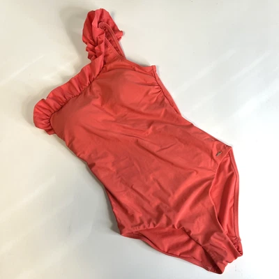 F&F Womens Swimsuit Coral Pink One Shoulder Ruffle Holiday UK 10 - Image 1 of 4