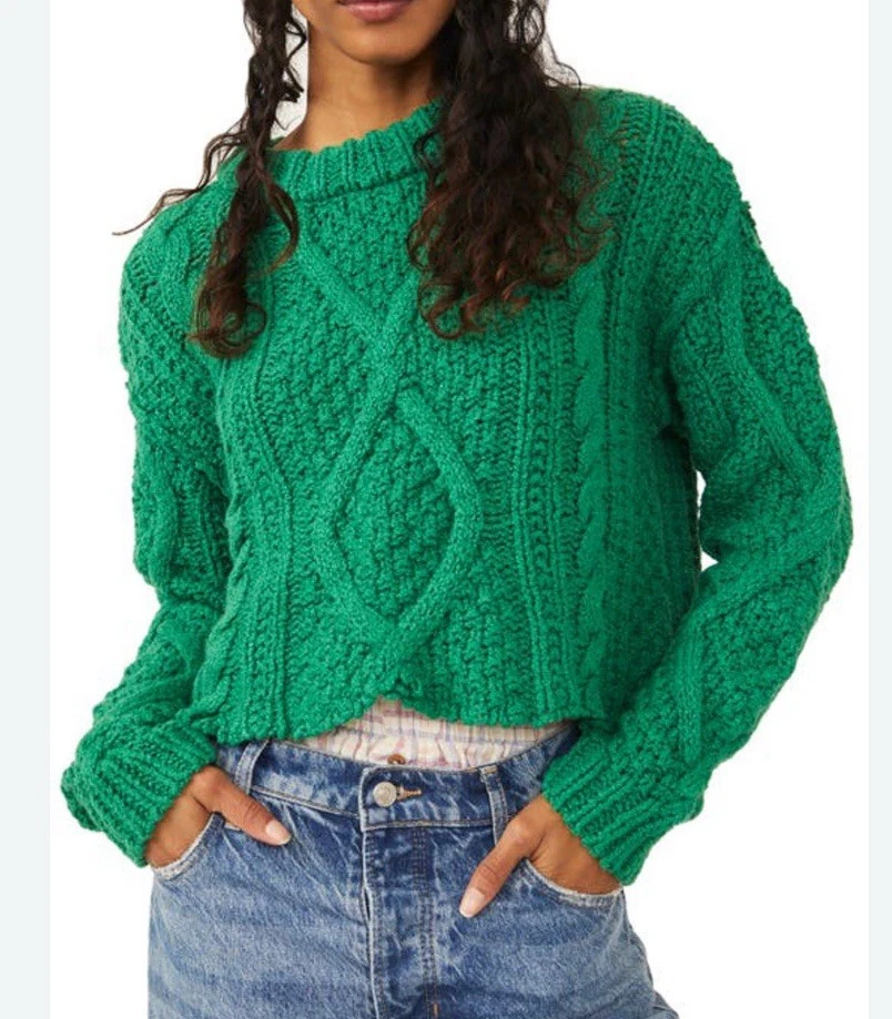 Free People Cutting Edge Cable Knit Sweater Green Cropped Boxy Chunky XSMALL  XS - Image 1 of 4