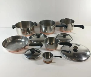 Vintage 10 Piece Lot Revere Ware 1801 Copper Bottom Pots & Pans + Measuring Cup - Picture 1 of 17