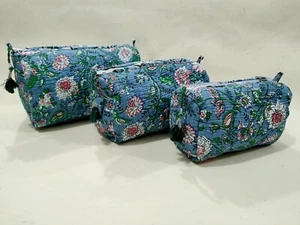 3 PC Set Indian Hand Block Printed Toiletries Bag Unisex Makeup Bags Waterproof - Picture 1 of 4