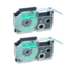 2PK XR-12GN Black on Green Label Tape for Casio KL-60 100 7000 8200 8800 1/2" - Picture 1 of 12