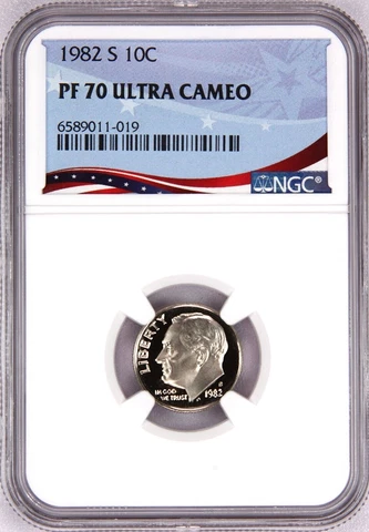 1982-S Proof Roosevelt Dime, Graded PF70UC NGC * Registry Quality Coin Cover