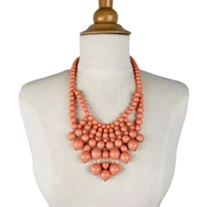 Bold Beaded Bib Statement Necklace Adjustable Coral Pink Mod Beachy Retro - Picture 1 of 8
