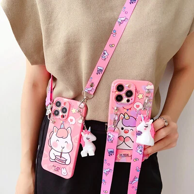 Funda Para iPhone Samsung Bandolera Unicornio Muñeca Soporte Niñas Teléfono Fundas + Correa Foto 1 de 4
