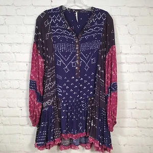 Mini Vestido Boho Free People Shibori Túnica Mujer XS Fluido Manga Globo - Imagen 1 de 8