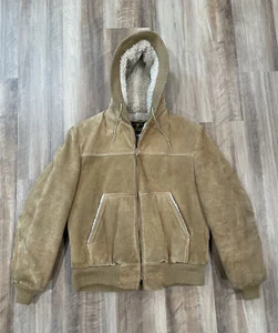 VTG 70s/80s Genuine Leather Suede Sherpa Lined Hooded Full Zip Jacket Coat Sz 40 - Picture 1 of 24