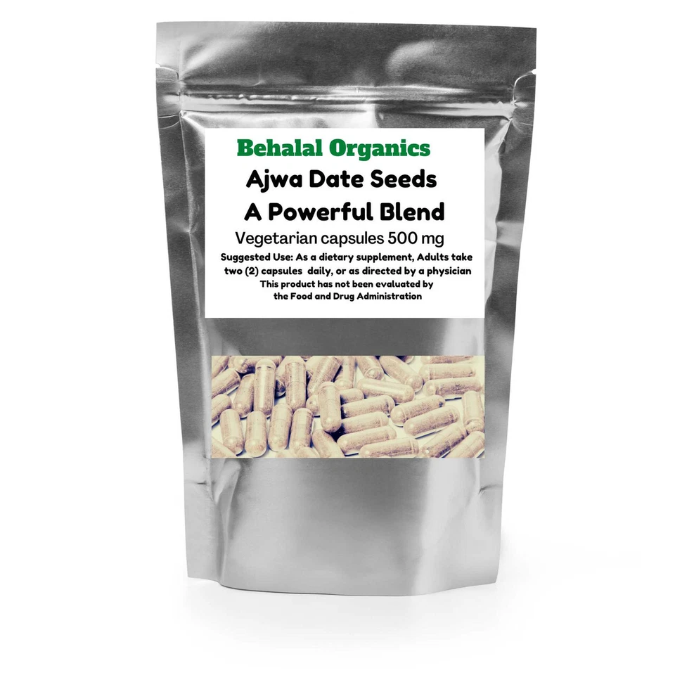 Cápsulas de semillas de fecha Ajwa - 500 mg - 100 cápsulas (vegetarianas) - Behalal Organics Foto 1 de 1