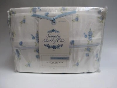 New Simply Shabby Chic BRITISH ROSE White Blue Floral FLANNEL Sheet Set - Full - Image 1 of 4