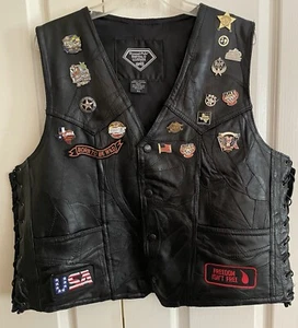 Diamond Plate Buffalo Leather Patch Vest XL With 15 Pins - Picture 1 of 13