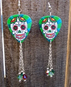 Sugar Skull on a Green Background Guitar Pick Earrings with Swarovski Crystals - Picture 1 of 5