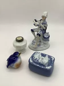 Blue White Figurines Trinket Box Boy Bird Lamp Base Misc Lot Of 4 - Picture 1 of 7