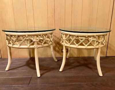 Vintage Ficks Reed Bamboo And Rattan Glass Top Side Tables—A Pair - Image 1 of 4