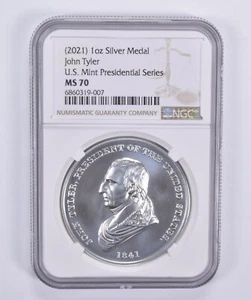 (2021) 1oz Silver Medal John Tyler US Mint Presidential Series MS70 NGC Lbl - Picture 1 of 5