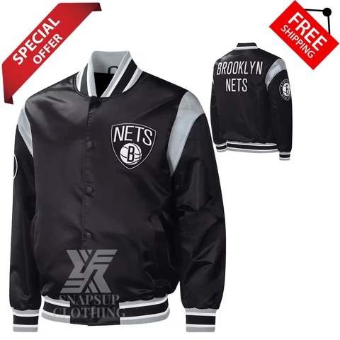 NBA Brooklyn Nets Men's Black Satin Full-Snap Letterman Baseball Varsity Jacket Cover