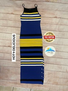 Hot & Delicious striped bodycon maxi dress size L Junior’s blue white yellow - Picture 1 of 9