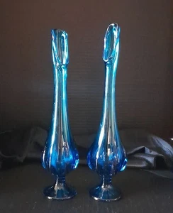 Pair  of Vintage MCM Bluenique Viking Glass Epic 6 Petal 12” Swung Vases - Picture 1 of 3