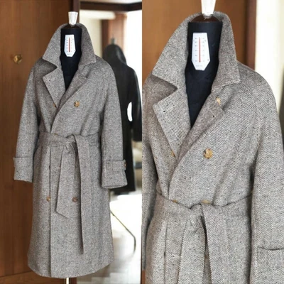 Casaco longo Herringbone masculino tweed trench coat com cinto peito duplo - Imagem 1 de 4