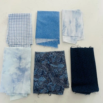 Cotton Quilt Fabric Remnants Lot of 6 Blue Prints Quilting Sewing Material - Image 1 of 4