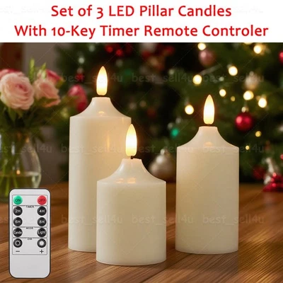 Set of 3 Flickering Flameless LED Candles with Timer Remote Battery Operated - Image 1 of 4