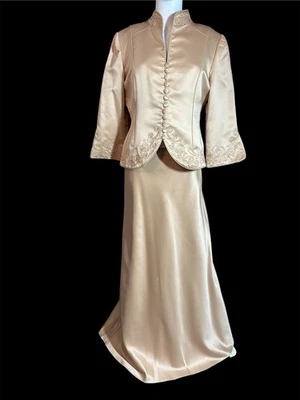 JS‎ Collections Two Piece Gold Tone Beaded Satin Feel Gown, Size 10 - Image 1 of 4