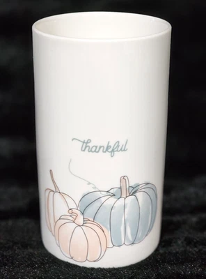 THANKFUL Peach Blue Pumpkins on White Utensils Candle Flowers 7" Thanksgiving - Image 1 of 4