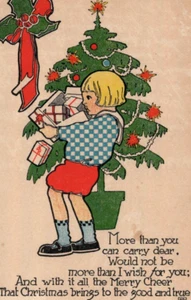 C1915 Cute Girl Carrying Too Many Gifts Christmas Tree Poem Postcard Fairman Co - Picture 1 of 3