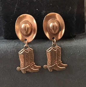 Western Cowboy Boots and Hat Earrings pierced Dangle Cowgirl -bronze color - Picture 1 of 5
