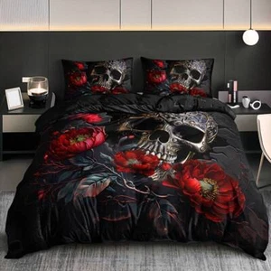 3Pc Soft Gothic Skull Skeleton Floral Flower Doona Duvet Quilt Cover Bedding Set - Picture 1 of 12