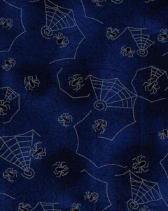Fabric, "Boo!" by Hoffman Spiders with Metallic Webs on Blue by the HALF yard - Picture 1 of 1